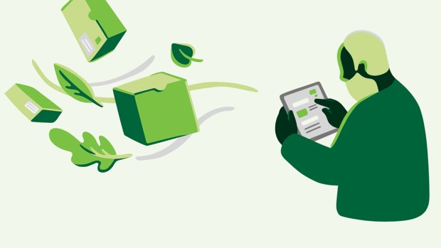 Illustration af en mand og en online shoppingpakke